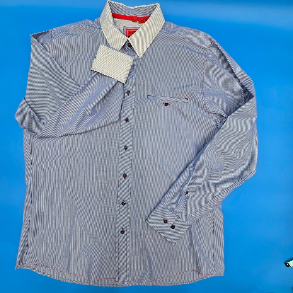 Haupt Germany Mens Blue Micro Striped Shirt Modern Fit Contrast Collar L 16.5